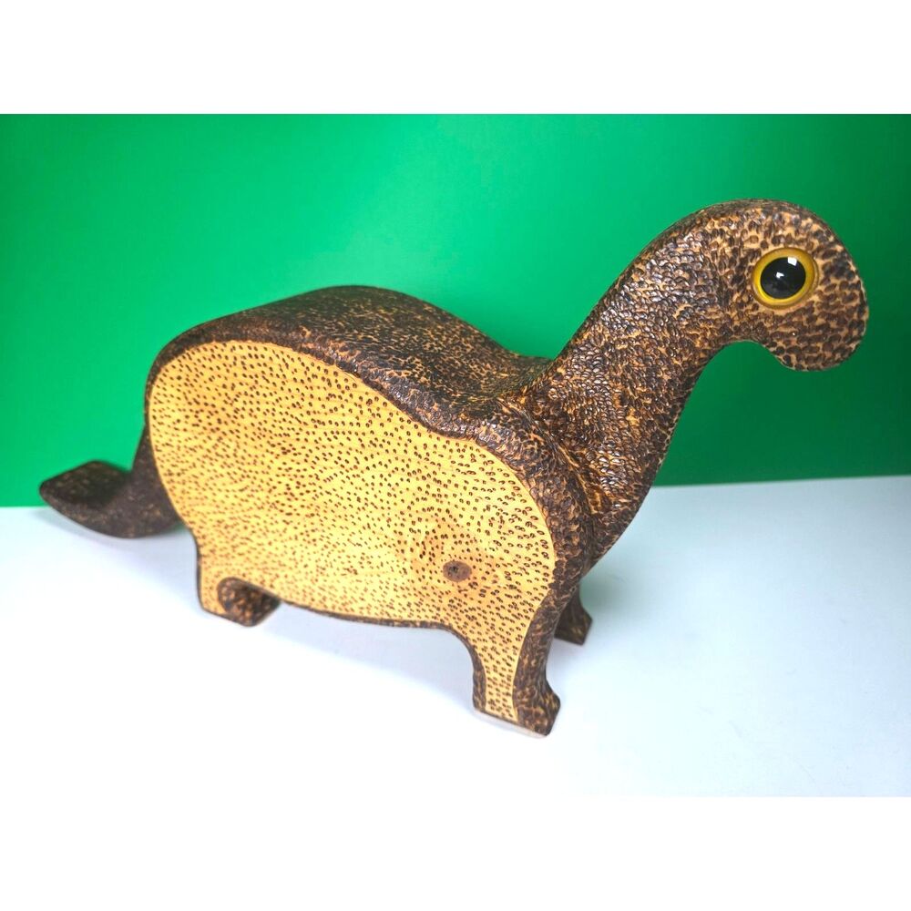 Hand Carved Wood Dinosaur Coin Bank Brontosaurus Glass Eyes Hinged Bottom 15"
